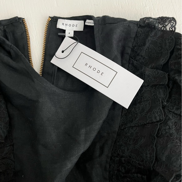 Rhode Varja Linen Puff Sleeve Organza Lace Trim Mini Dress Size 4 NWT Black - Picture 5 of 8